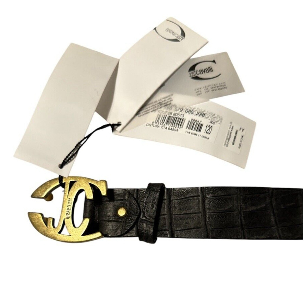 Just Cavalli Roberto Cavalli Black Croc-Embossed Belt JC Logo Buckle New